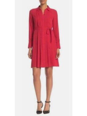 NWT Nanette Lepore Pleated Waist Tie Chiffon Shirt Dress Red Size US 8 $128 [jb]